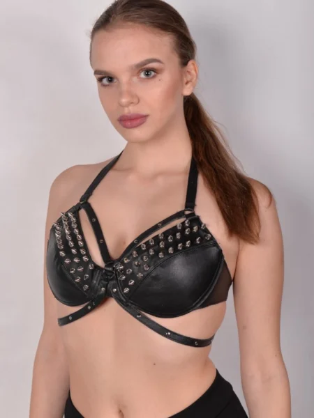 Ice Cream Italian leather rave bra top with chain trim
