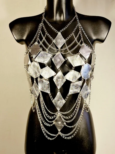 Moon Long handmade leather top with extended silver-tone chains – view 2