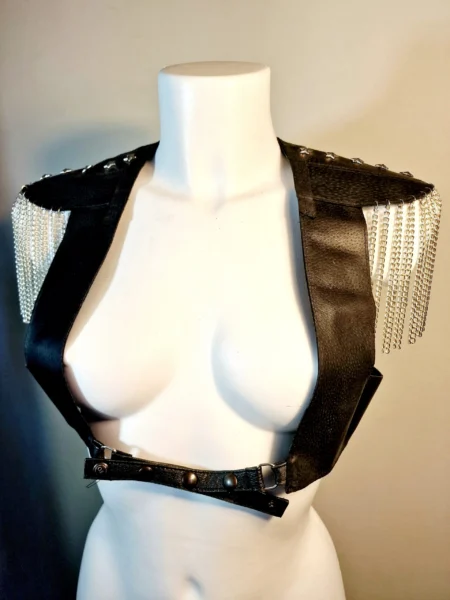 Epolete black Italian leather waistcoat with chain epaulettes