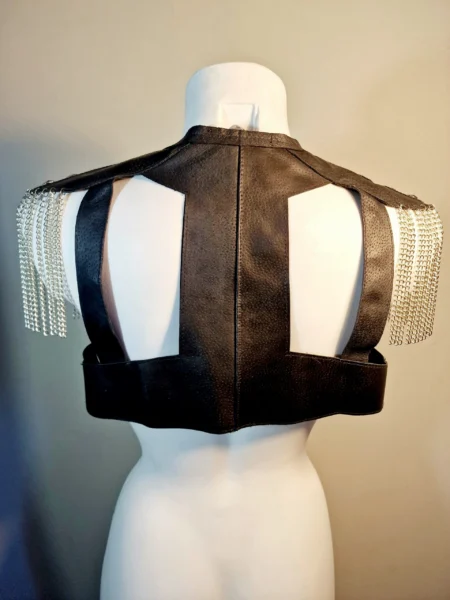 Epolete black Italian leather waistcoat with chain epaulettes – view 2