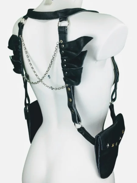 Black Bird handmade Italian leather harness with wing-like straps across the back