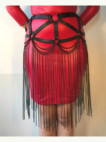Gaga Long Italian leather waist belt with trailing liquid-light chains