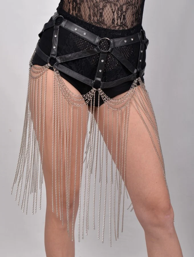 Gaga Long extended Italian leather belt with trailing chains – view 2