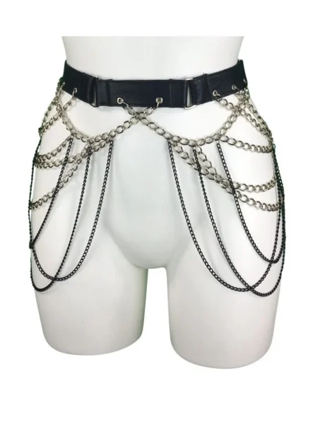Gotique black Italian leather gothic belt with wrought-iron style chains – view 2