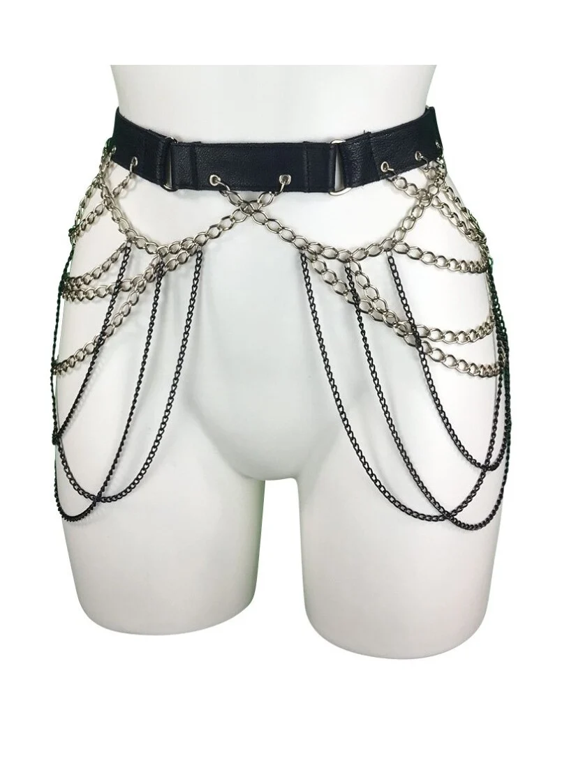 Gotique black Italian leather gothic belt with wrought-iron style chains – view 2