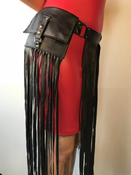 Gypsy Italian leather belt with two handmade pouch bags and chain trim – view 2