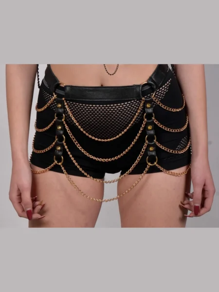 Paradise sculpted Italian leather festival belt with cascading chains – view 2