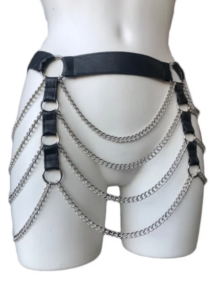 Paradise hip-slung Italian leather belt with layered swinging chains – view 2