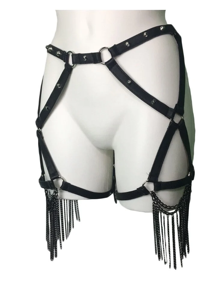 Prodigy Gaga adjustable Italian leather leg harness belt with chains – view 2