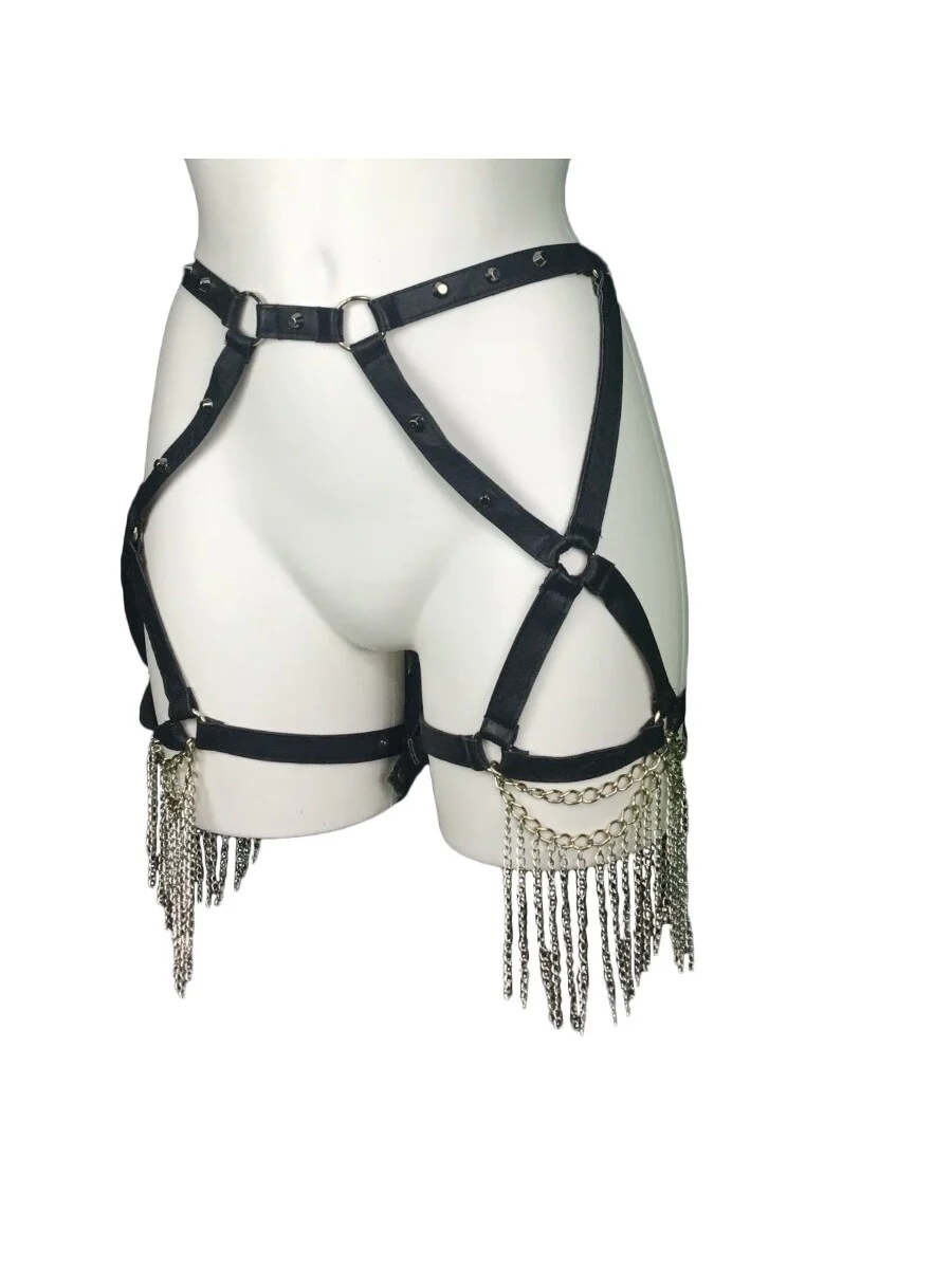 Prodigy Gaga adjustable Italian leather leg harness belt with chains – view 5