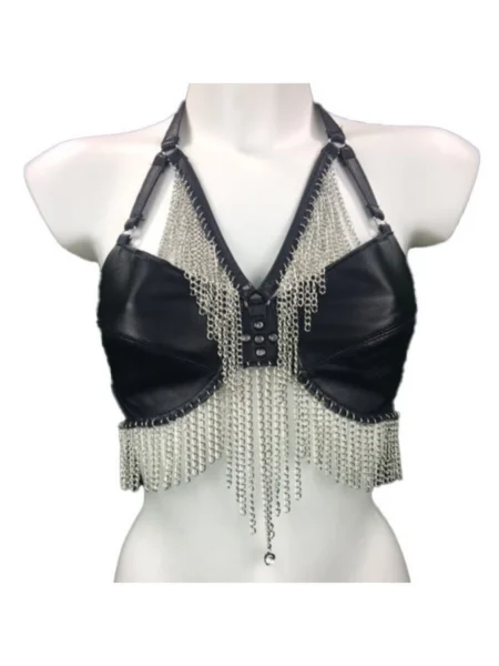 Apple Pie Italian leather statement bra laced with chains