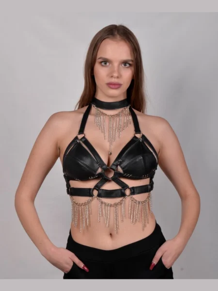 New Gaga sculpted Italian leather statement bra wrapped in chains