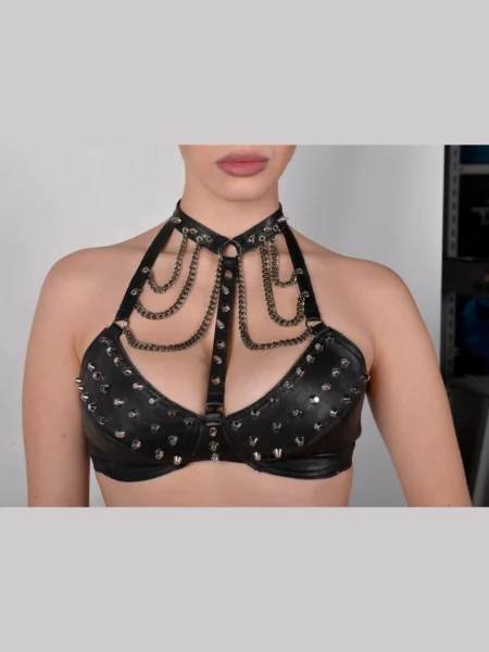Tiramisu layered dark Italian leather bra with adjustable straps – view 2