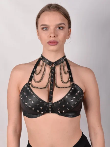 Tiramisu layered dark Italian leather bra with adjustable straps