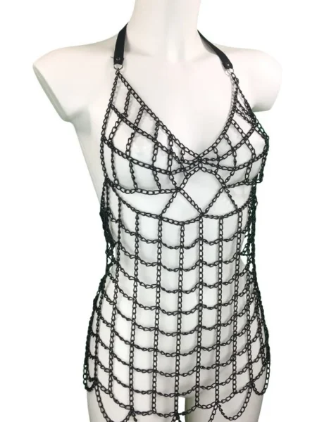 Cocolina light Italian leather halter dress with chain details – view 2