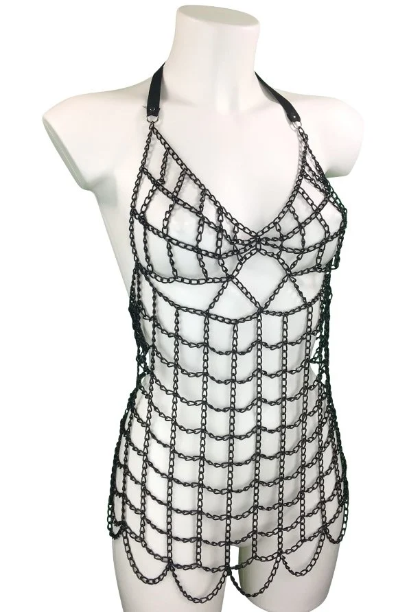 Cocolina light Italian leather halter dress with chain details – view 2