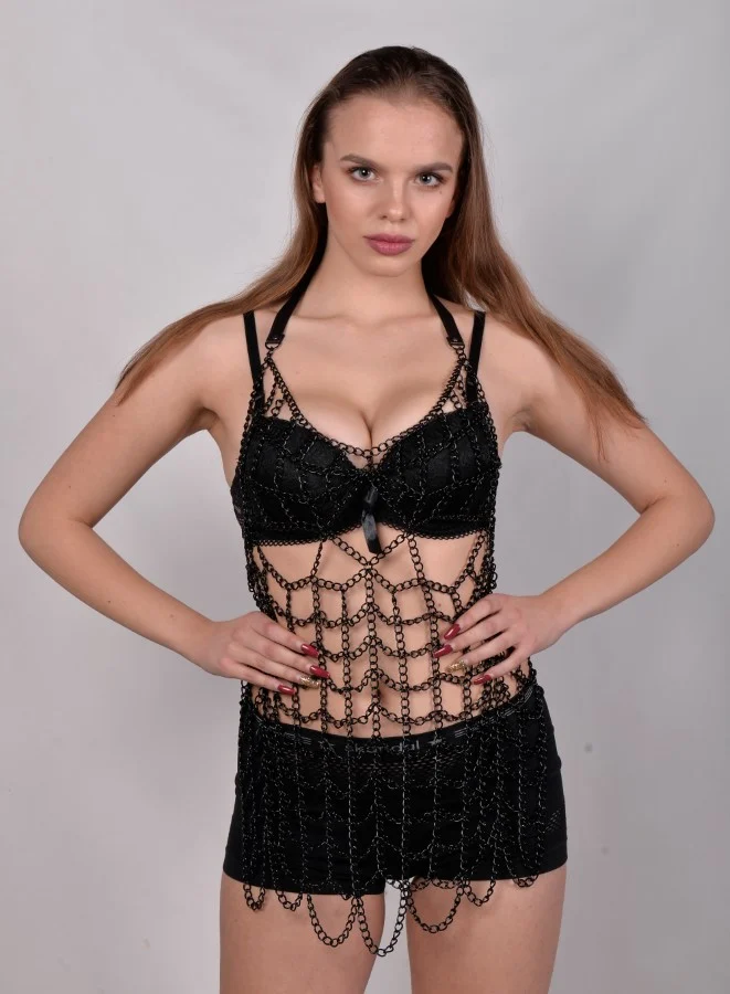 Cocolina light Italian leather halter dress with chain details