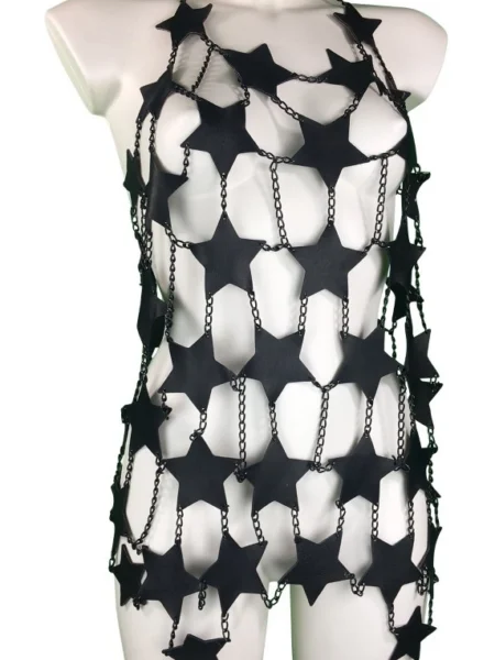 Star Italian leather halter dress with rippling chain streams
