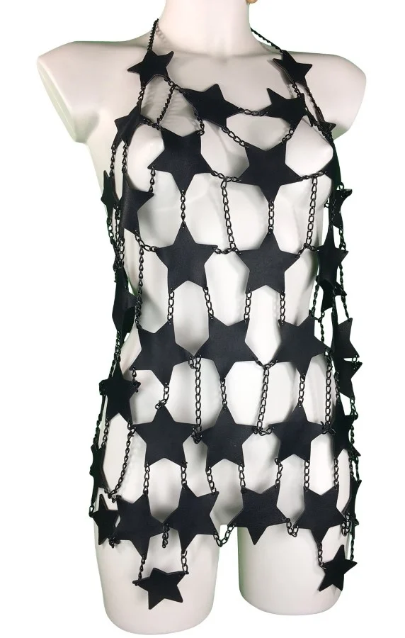 Star Italian leather halter dress with rippling chain streams