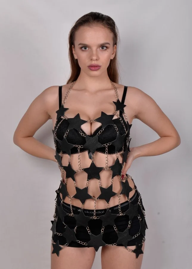 Star Italian leather halter dress with rippling chain streams – view 3