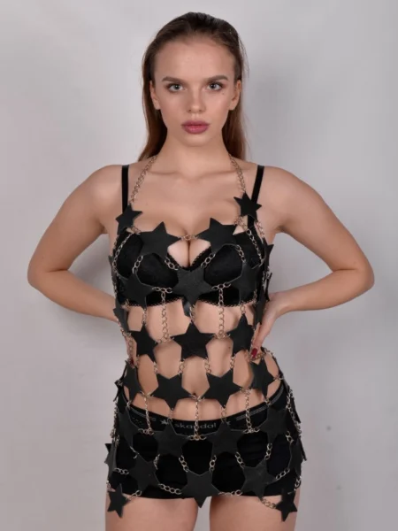 Star handmade leather chain dress with cascading chains from neck to hem