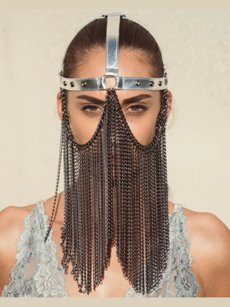 Original Gaga sculpted leather face mask with chain along the jawline