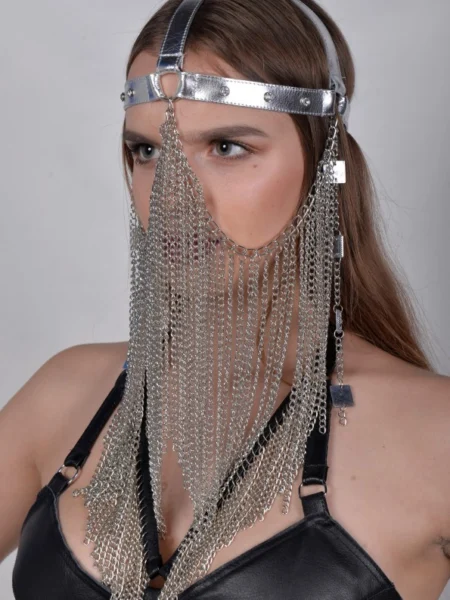 Gaga leather masquerade ball mask with chain drops at the temples, second edition
