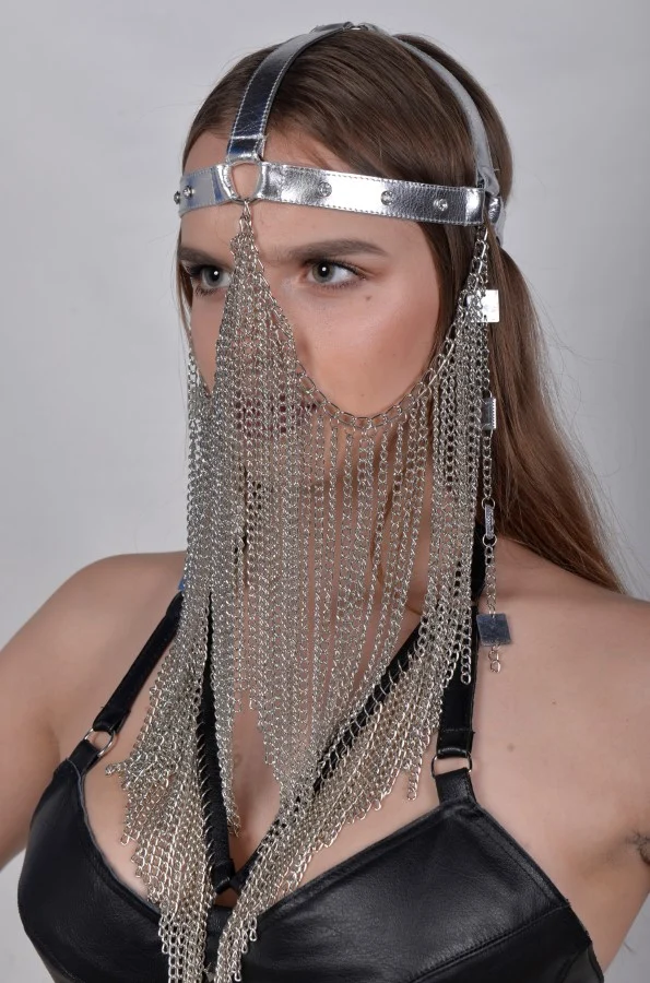Gaga leather masquerade ball mask with chain drops at the temples, second edition