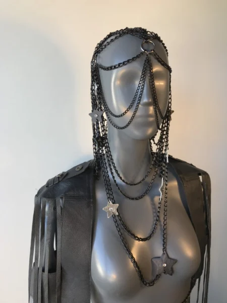 Star handmade leather masquerade face mask with chain accents – view 2