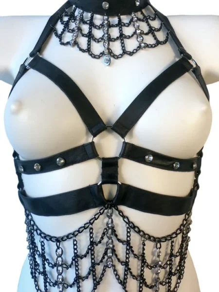 Gaga Glam handmade chain leather harness with layered shimmering chains