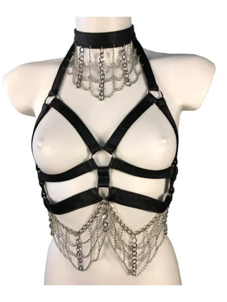 Gaga Glam handmade Italian leather body harness draped in dense chains