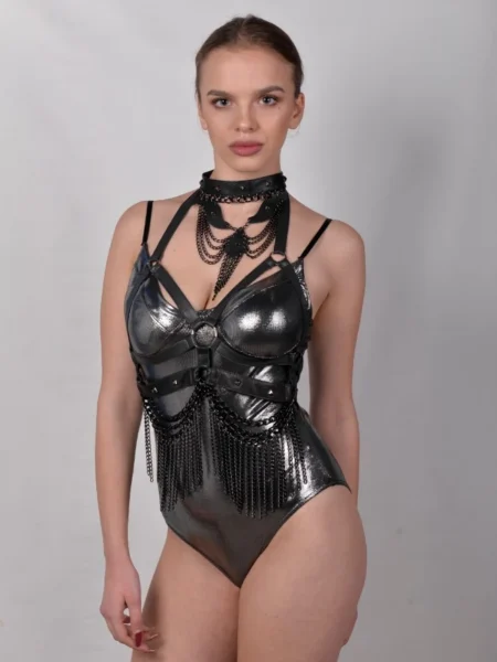 Gaga handmade Italian leather harness with buttoned collar and chained waist – view 2