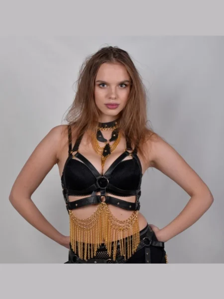 Gaga handmade leather harness top with chains buttoned at neck and waist
