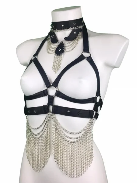 Gaga classic handmade Italian leather body harness with collar and waist buttons