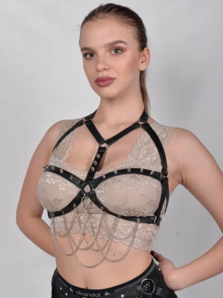 Merlin handmade Italian leather body harness with glinting chains – view 2