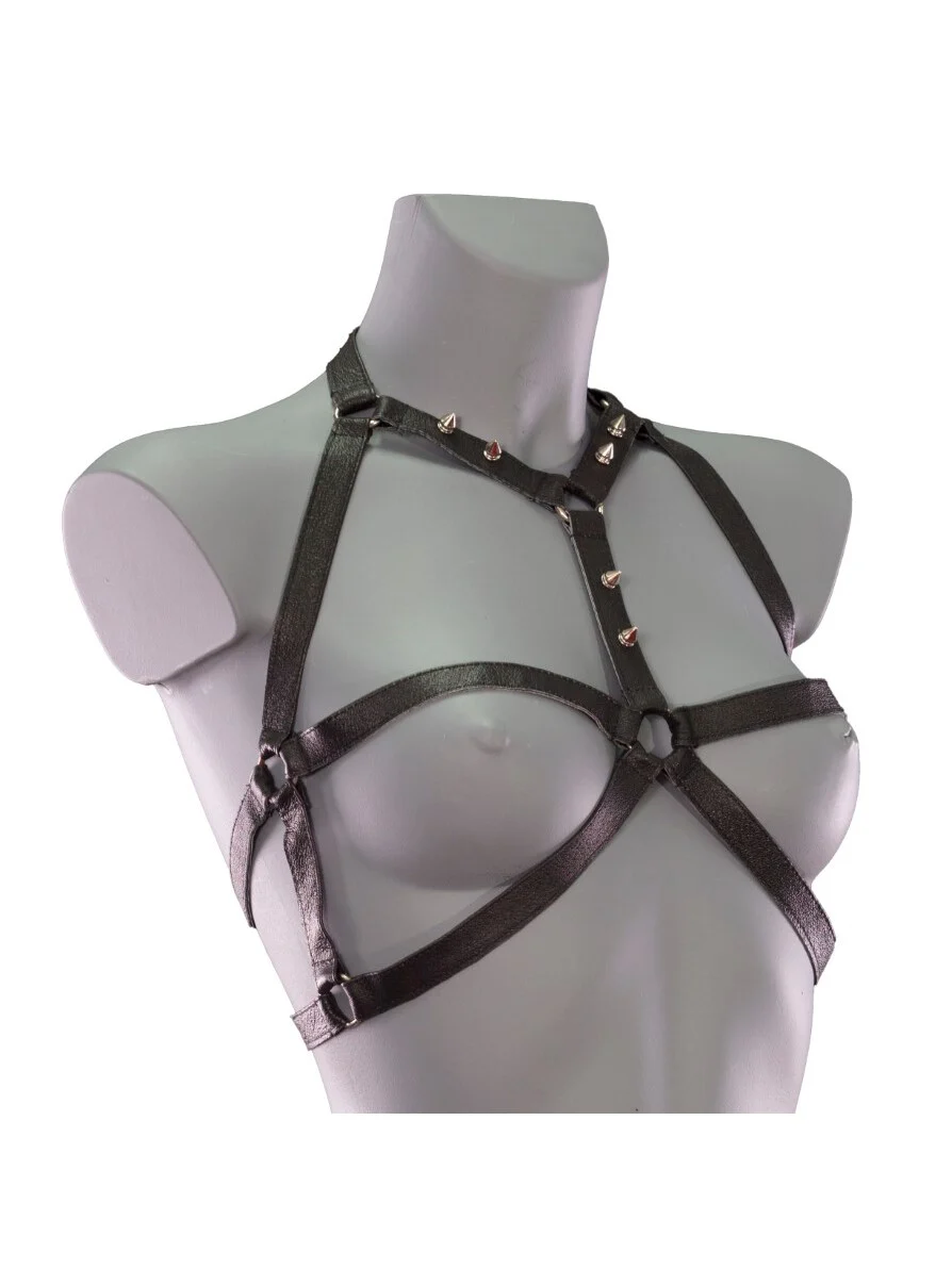 Skelet handmade Italian leather body harness with graphic bone-line straps – view 2