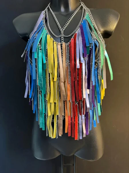 Scheherazade handmade leather fringe top with tiered chains