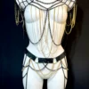 Gotique handmade black leather and chain matching jewelry set, adjustable neck and back
