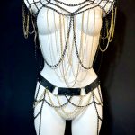 Gotique handmade black leather and chain matching jewelry set, adjustable neck and back
