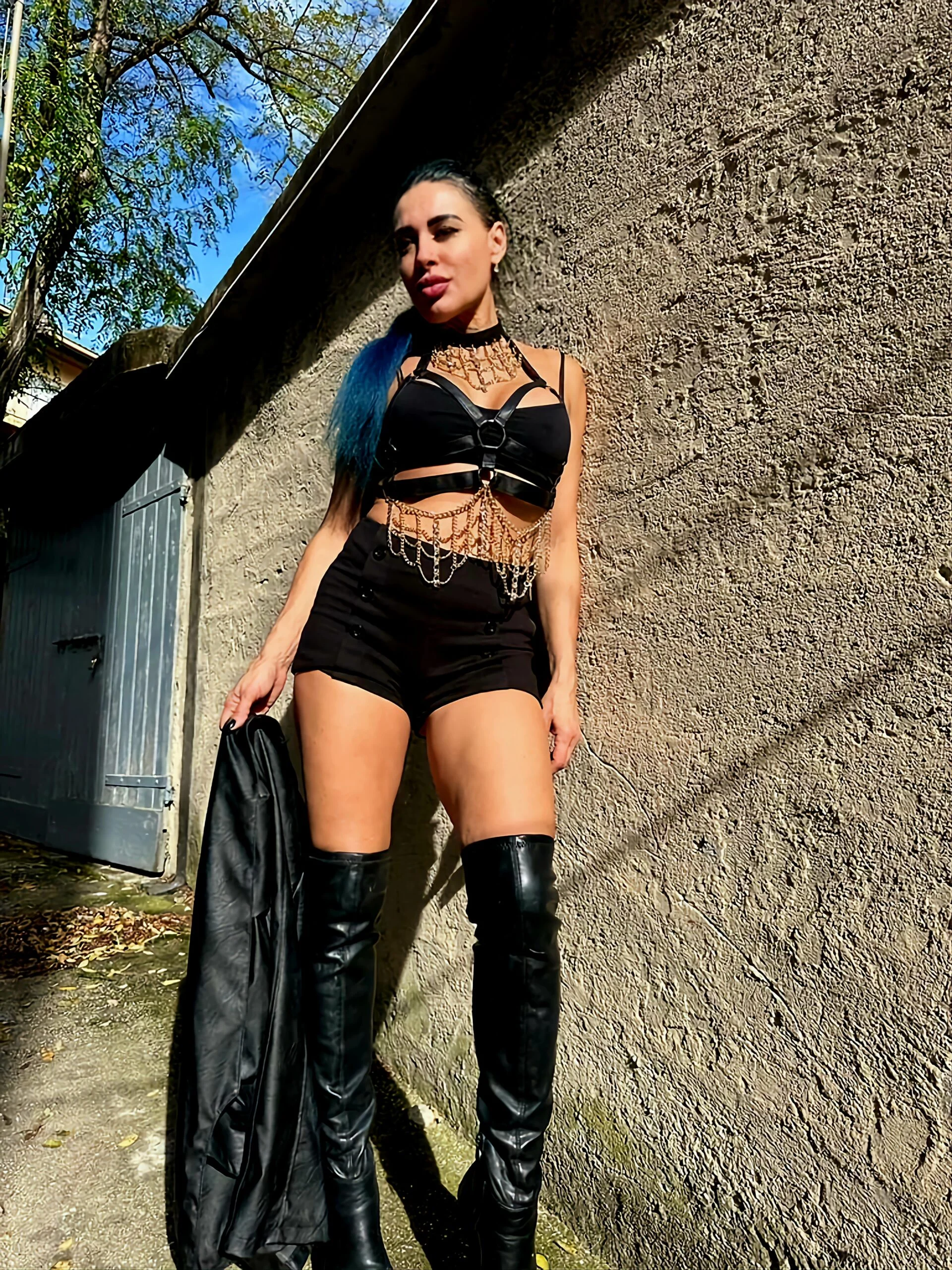 Gaga Glam handmade Italian leather body harness draped in dense chains – view 3
