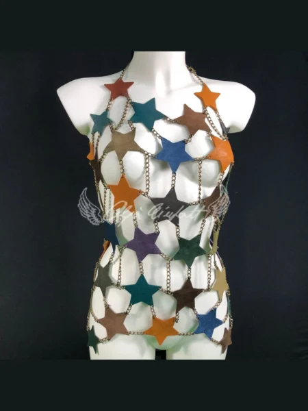 Star chain halter dress with leather neckline and cascading chains