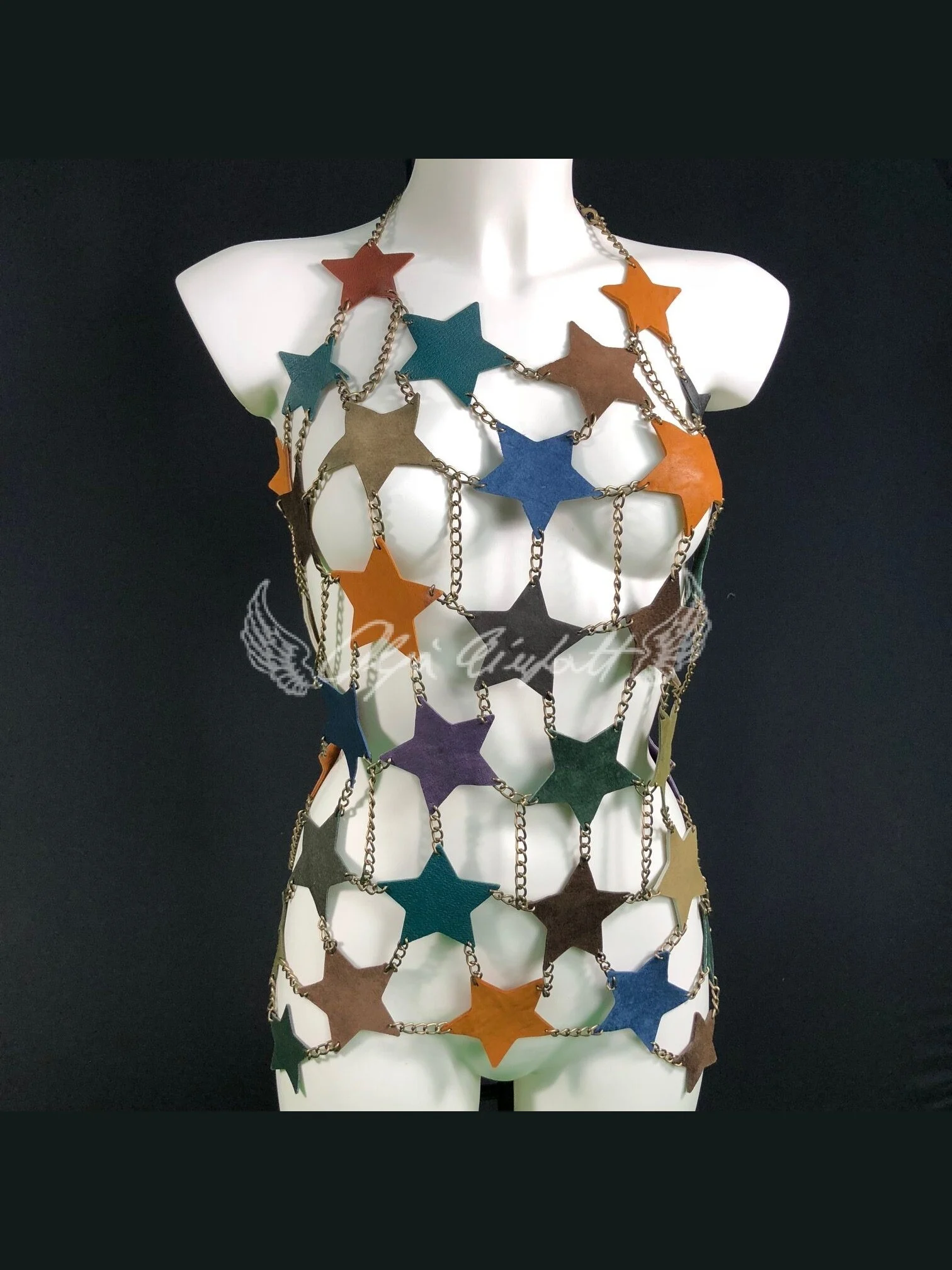 Star chain halter dress with leather neckline and cascading chains