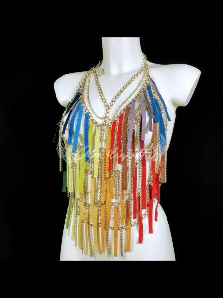 Scheherazade handmade leather fringe top with tiered chains – view 2
