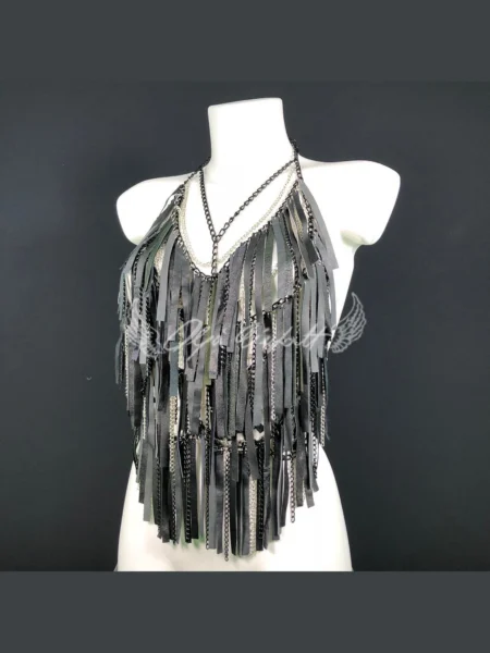 Scheherazade handmade fringe chain top with cascading chains and leather fringe – view 2