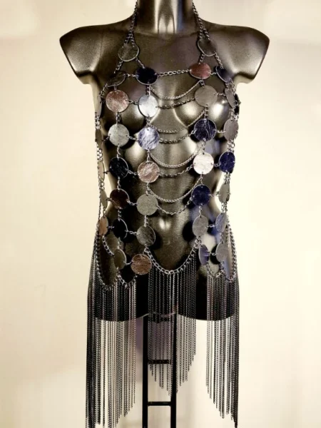 Moon Long handmade leather top with extended silver-tone chains