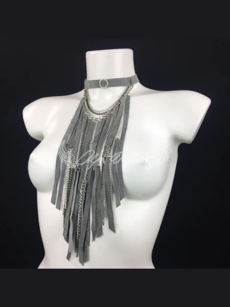 Ultra handmade leather necklace with layered flowing chains, variant II