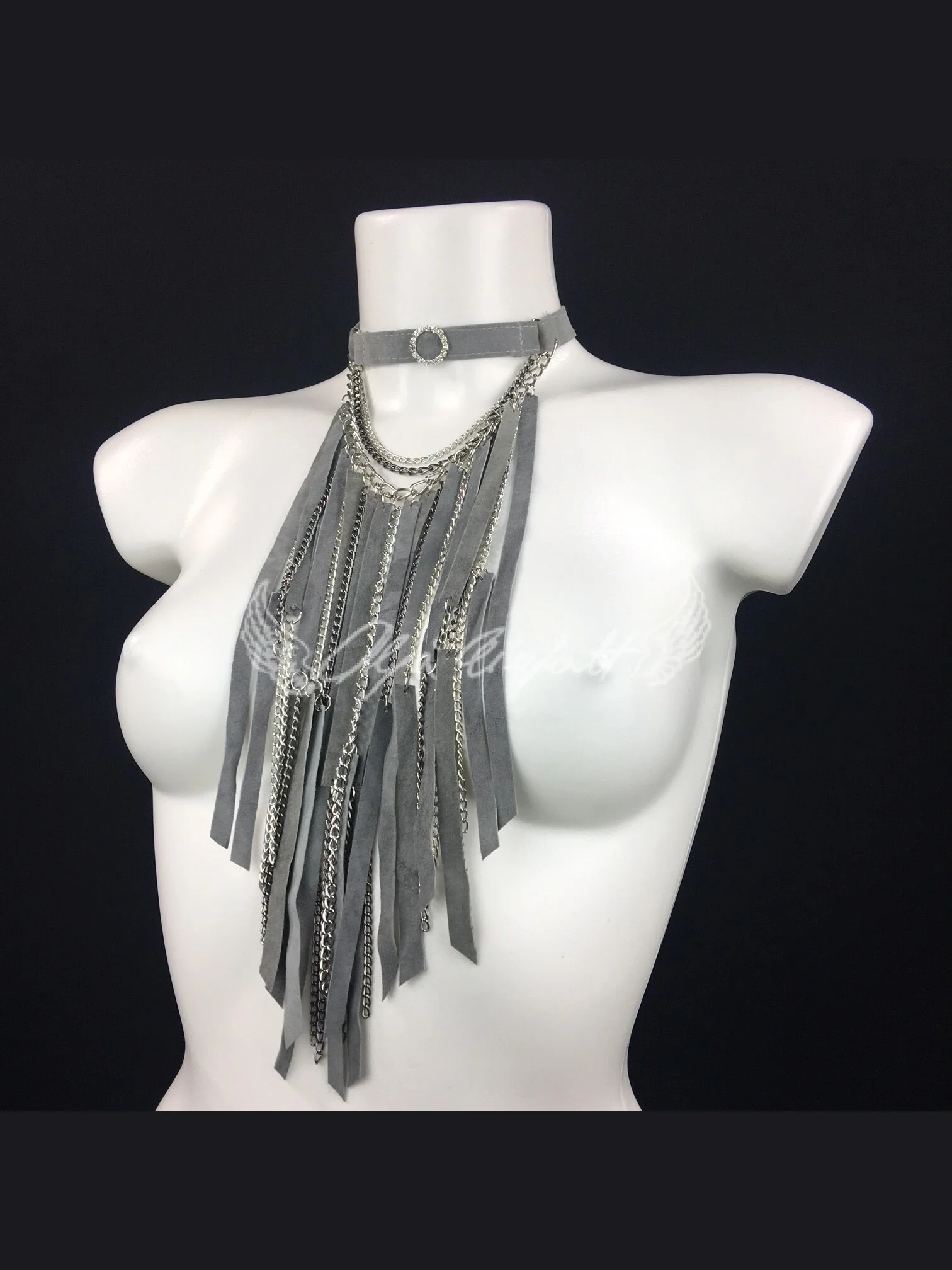 Ultra handmade leather necklace with layered flowing chains, variant II
