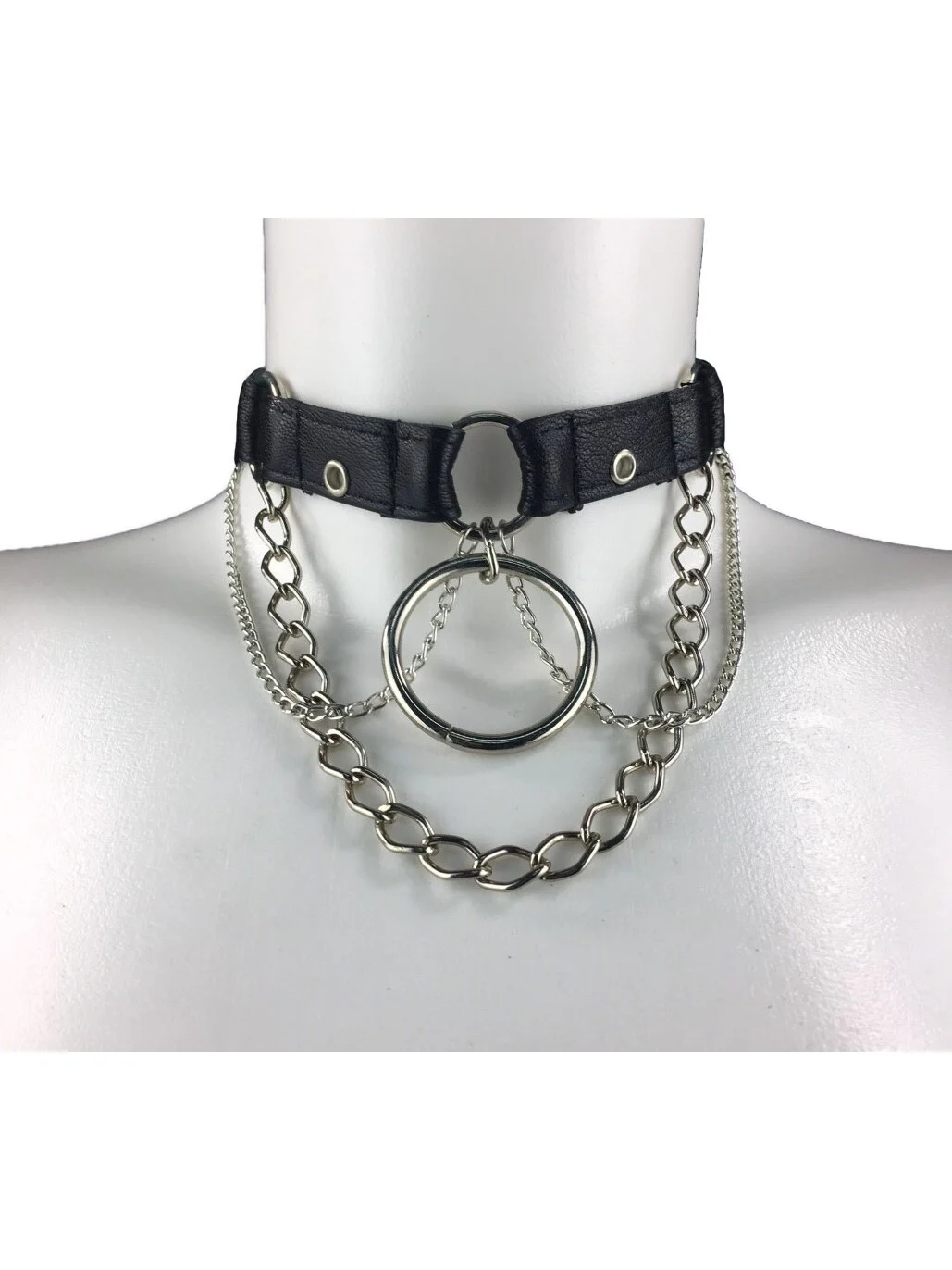 Berlin handmade leather choker with short chain fringe, variant V