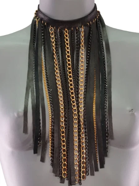 Chain handmade leather necklace with long swinging links, variant III