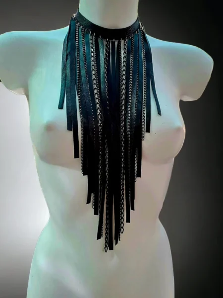Black Edition Niagara handmade leather necklace with cascading black chains – view 2